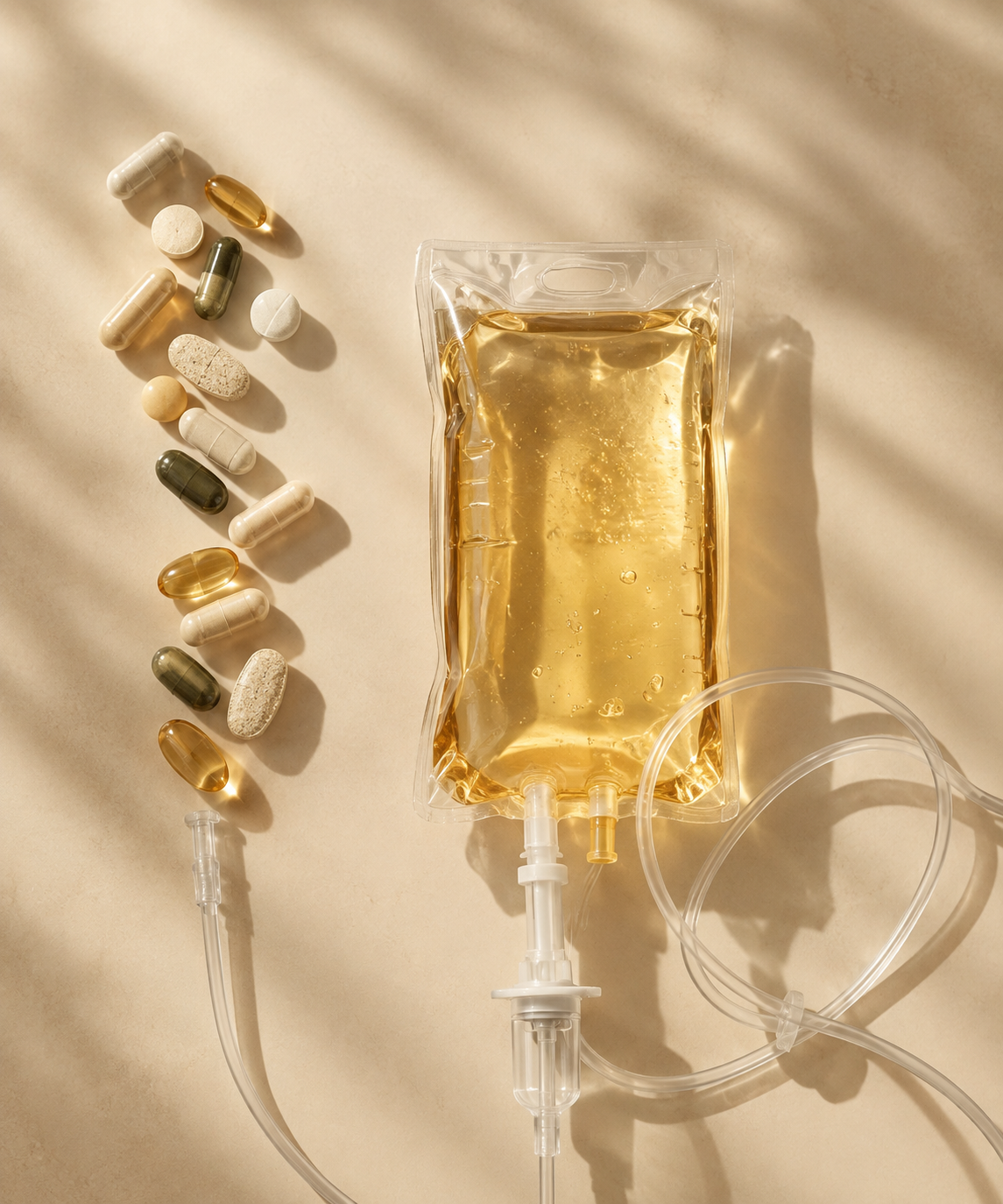 Golden IV therapy bag with supplements and capsules arranged on a warm beige surface
