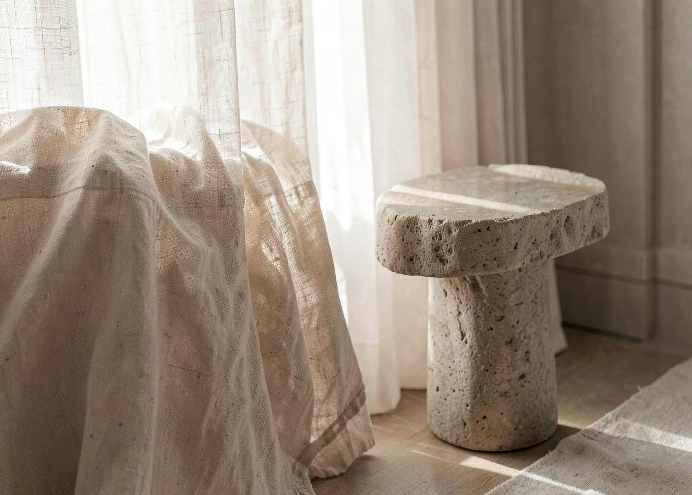 Quiet editorial interior with morning light across linen and stone, suggesting rest and recovery