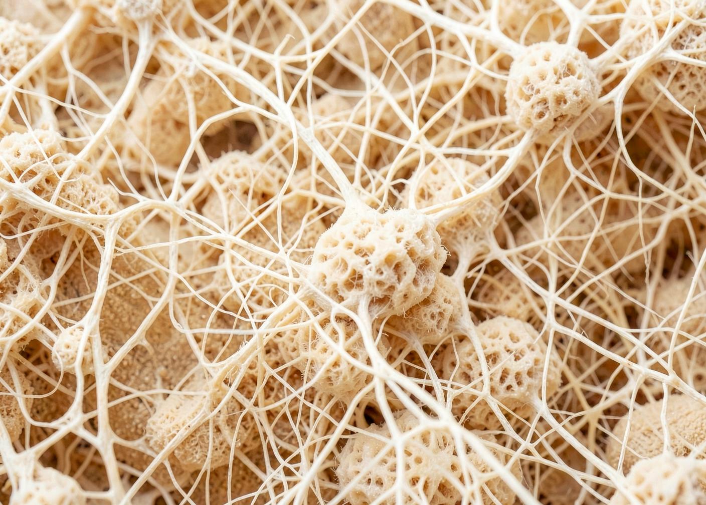 Abstract organic biological texture suggesting the microbiome, in warm ivory and umber tones